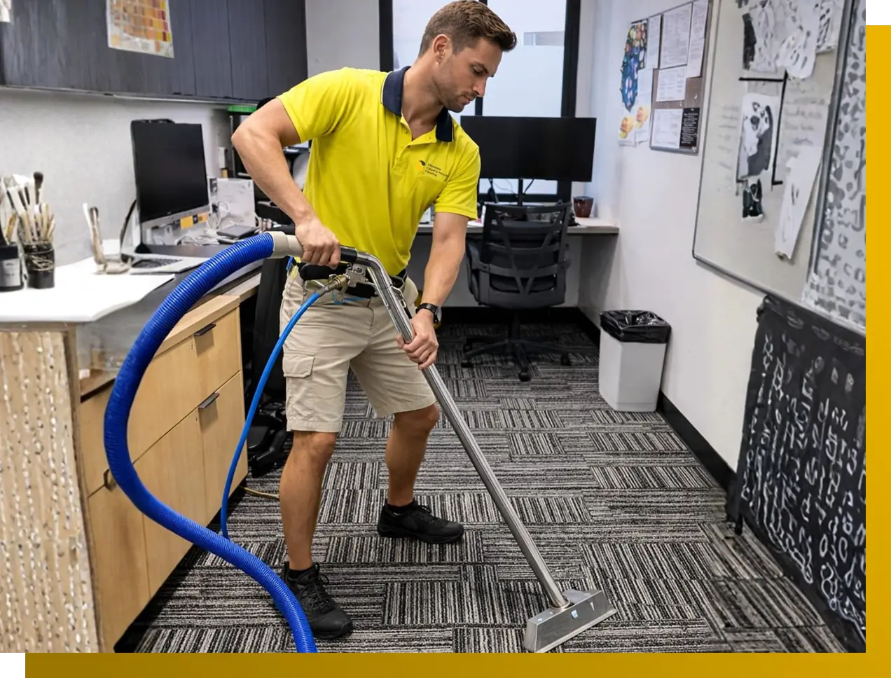 Professional technician steam-cleaning carpet