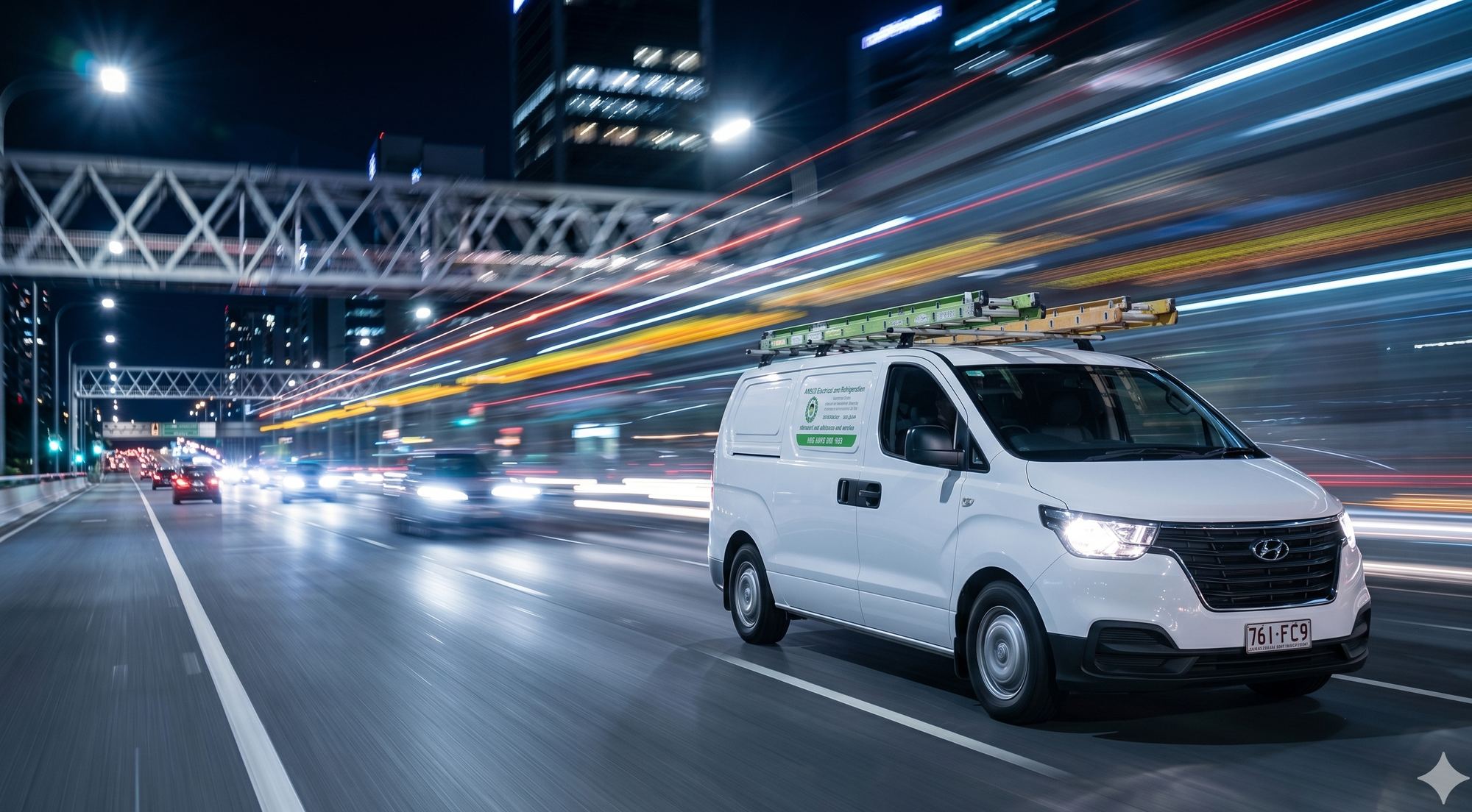 AMSCO Electrical and Refrigeration work van on Brisbane motorway at night, with city light streaks behind