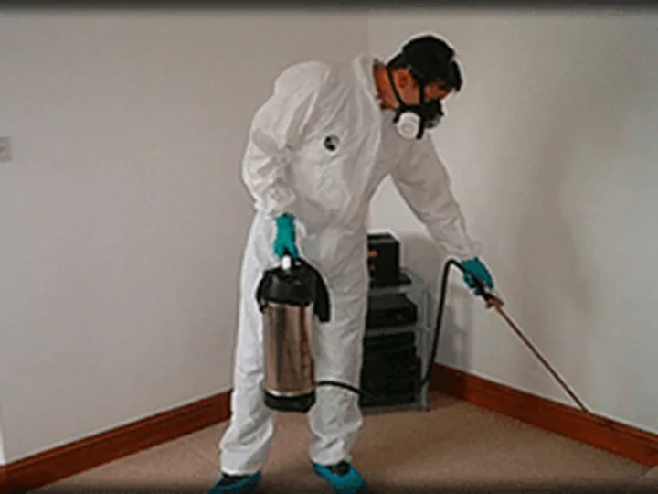 Licensed pest control technician treating a home