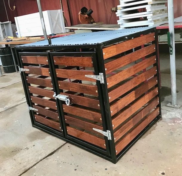 Black metal-and-timber storage bin with slatted sides
