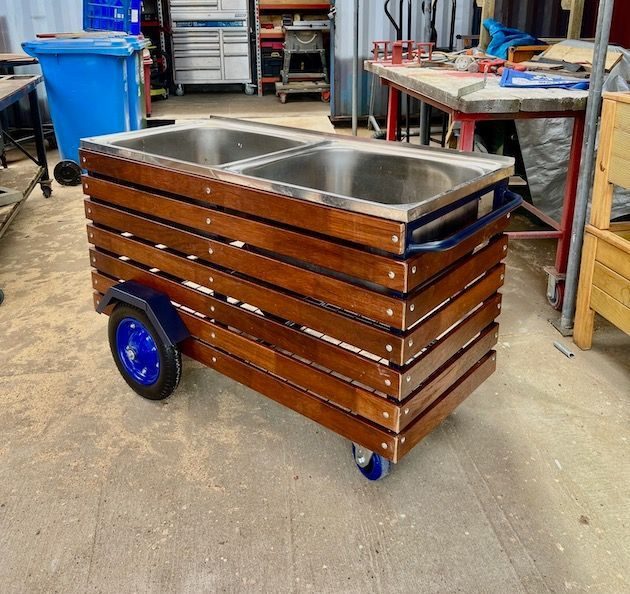 Timber utility cart with a double stainless-steel sink