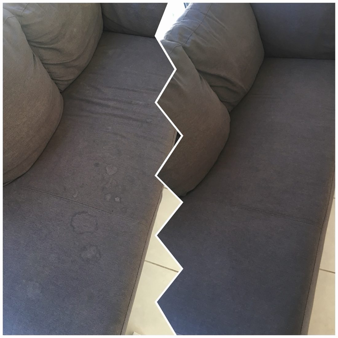 Before and after fabric couch cleaning showing stains lifted