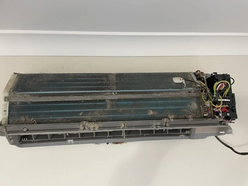 Split system air conditioner opened up for a deep clean and service