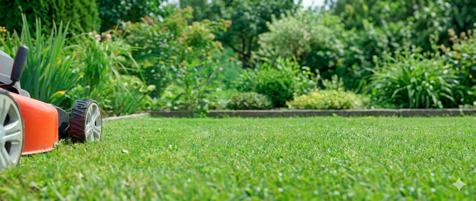 Red push mower on a freshly mown Brisbane lawn with a lush green garden in the background