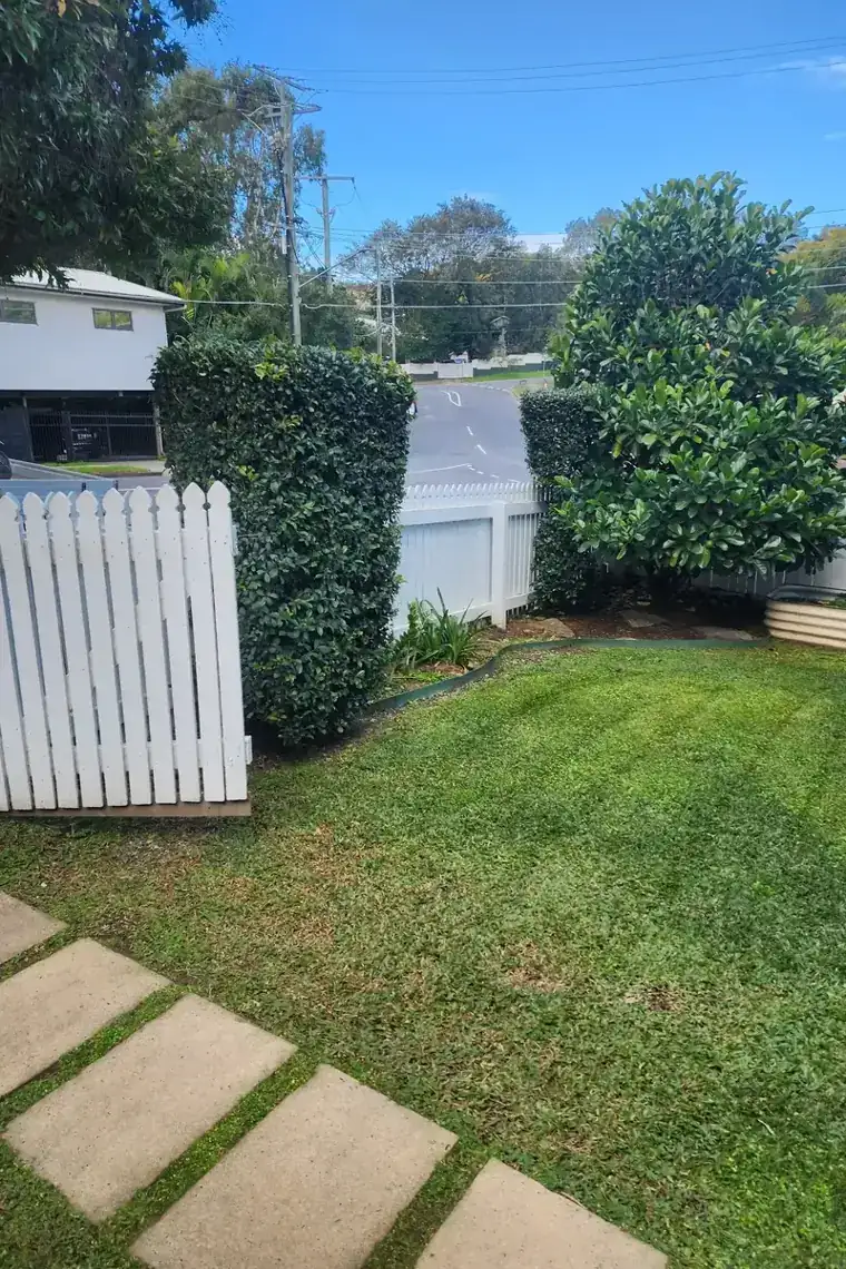 A trimmed hedge and tidy garden bed cared for by CJ's Lawn Care