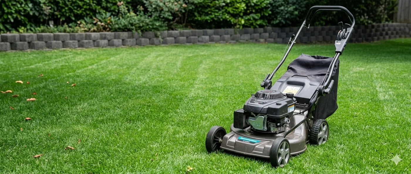 A freshly mowed striped lawn maintained by CJ's Lawn Care