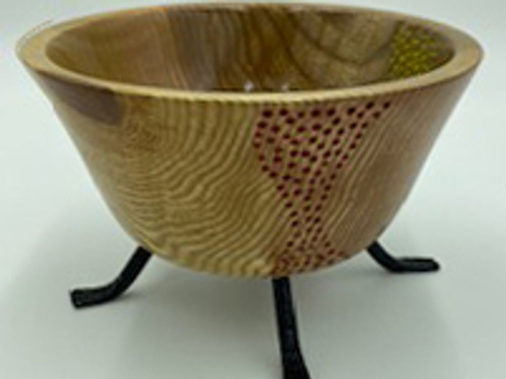 Beautifully turned timber bowl with coloured etching and handmade legs.