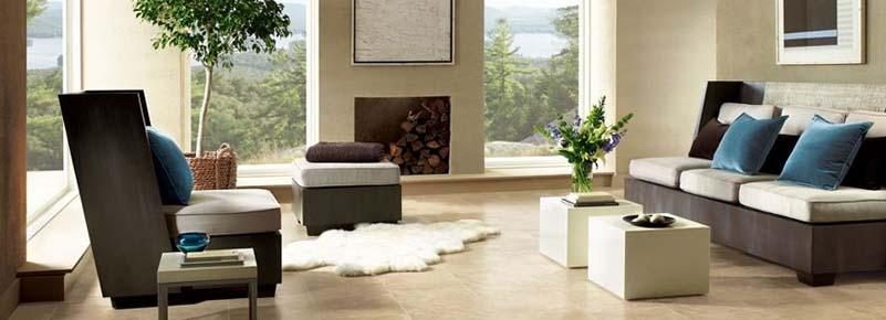 Living room with natural stone tiled floor and modern furniture