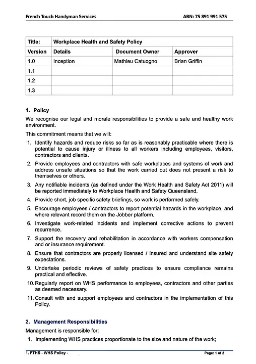 French Touch Work Health and Safety policy document