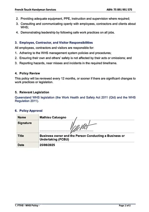 French Touch WHS policy approval signed by Mathieu Catuogno