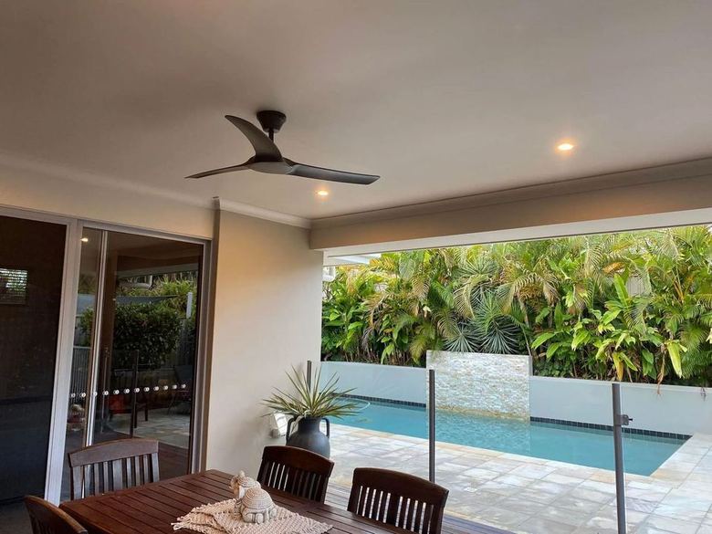 Ceiling fan and downlights installed by Gordon Electrical on a Bayside Brisbane patio
