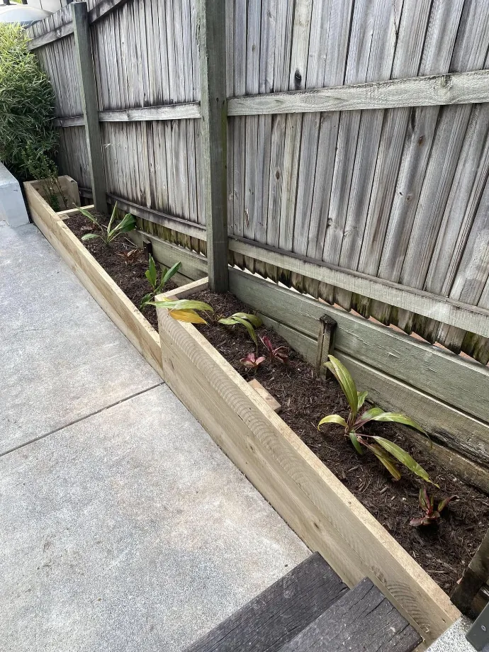 Timber-edged garden bed beside a concrete path