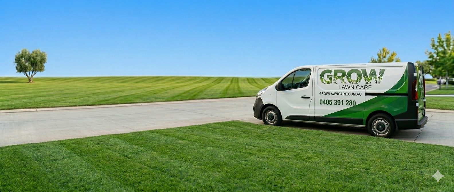 Grow Lawn Care branded van on a freshly striped, healthy green lawn in Sydney