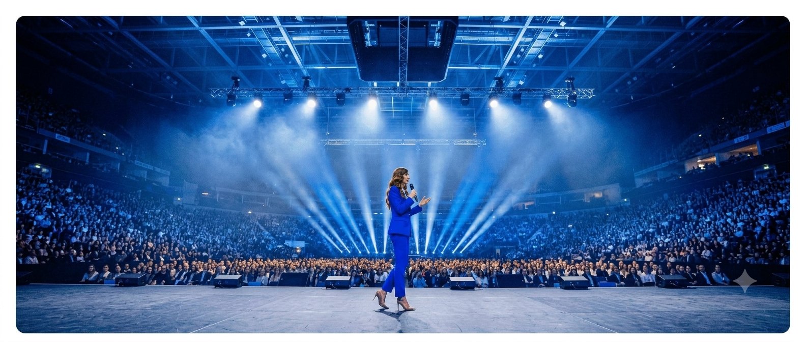 Leadership keynote on stage to a packed arena