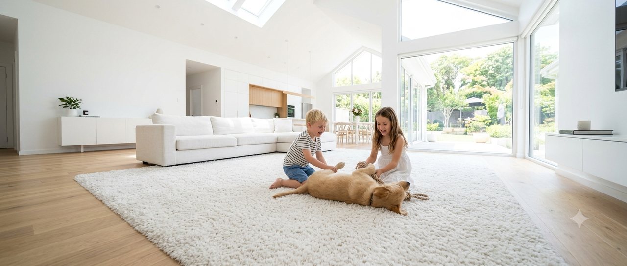 A bright family living room with freshly cleaned white carpet, two kids playing with their dog