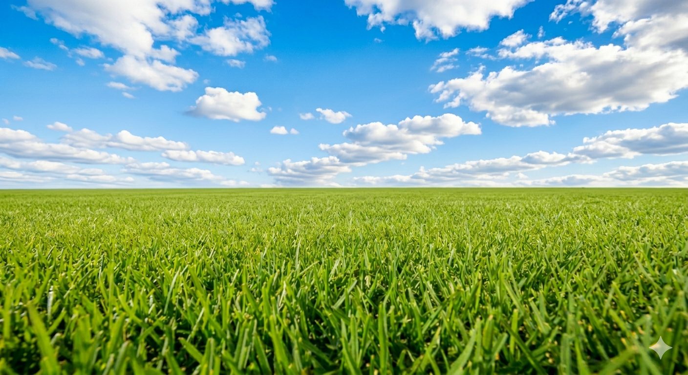 Lush green lawn under a blue sky with white clouds — a healthy lawn looked after by iGrass Services in Brisbane's inner north
