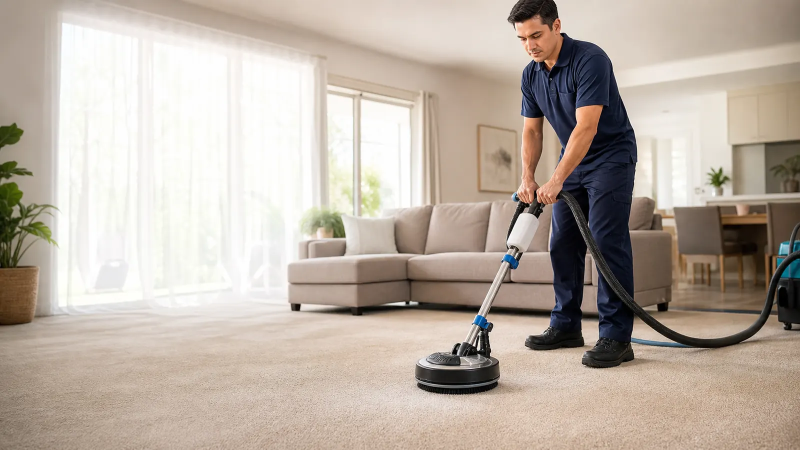 Professional carpet dry cleaning in a bright living room