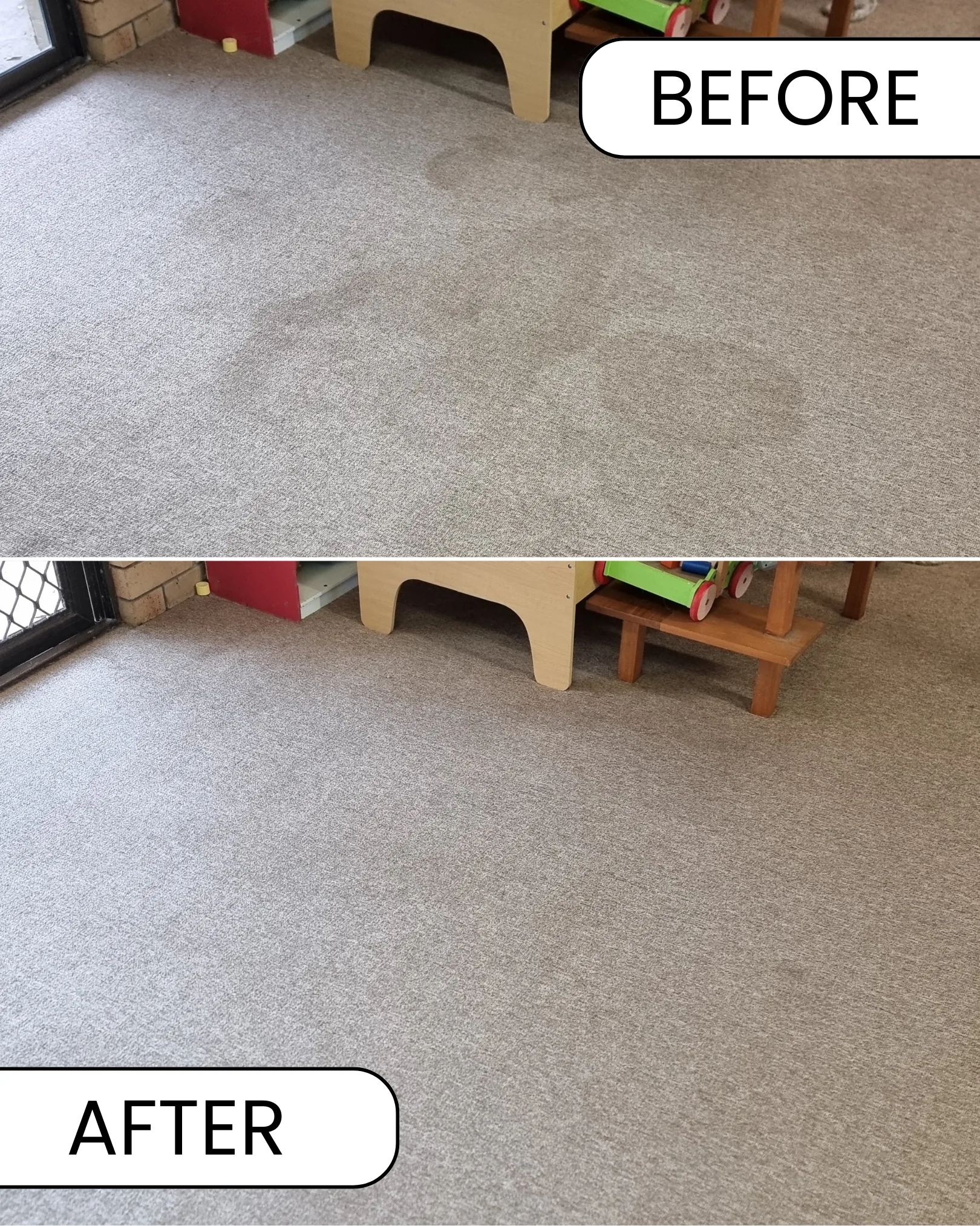 Before and after carpet cleaning result from Kal's Carpet Cleaning