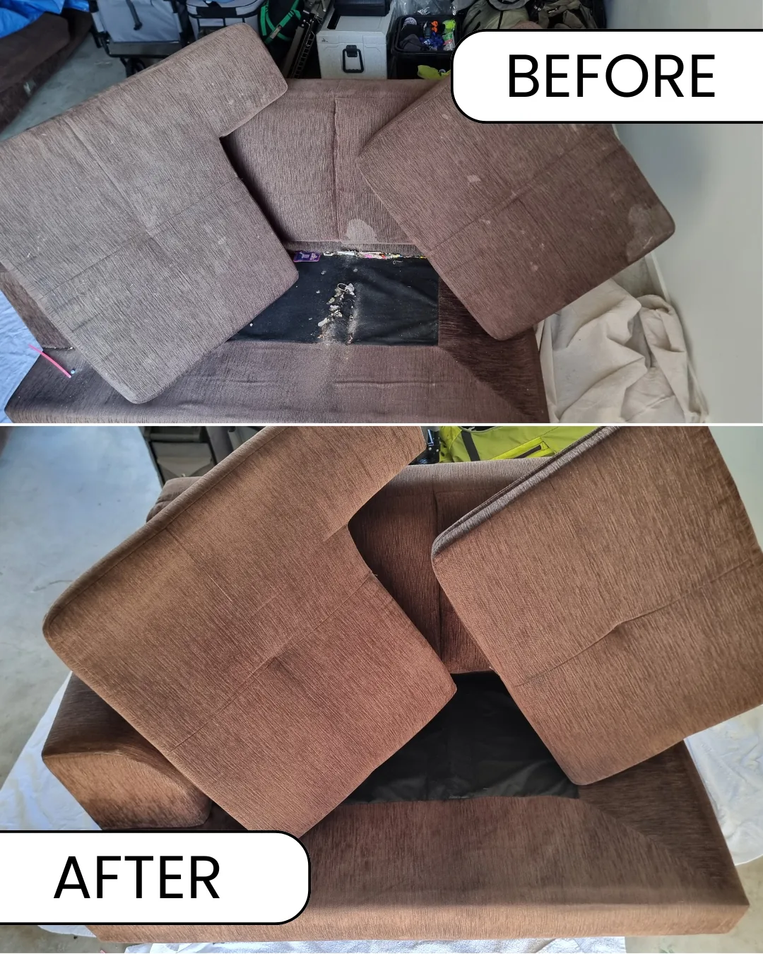 Before and after upholstery cleaning result from Kal's Carpet Cleaning