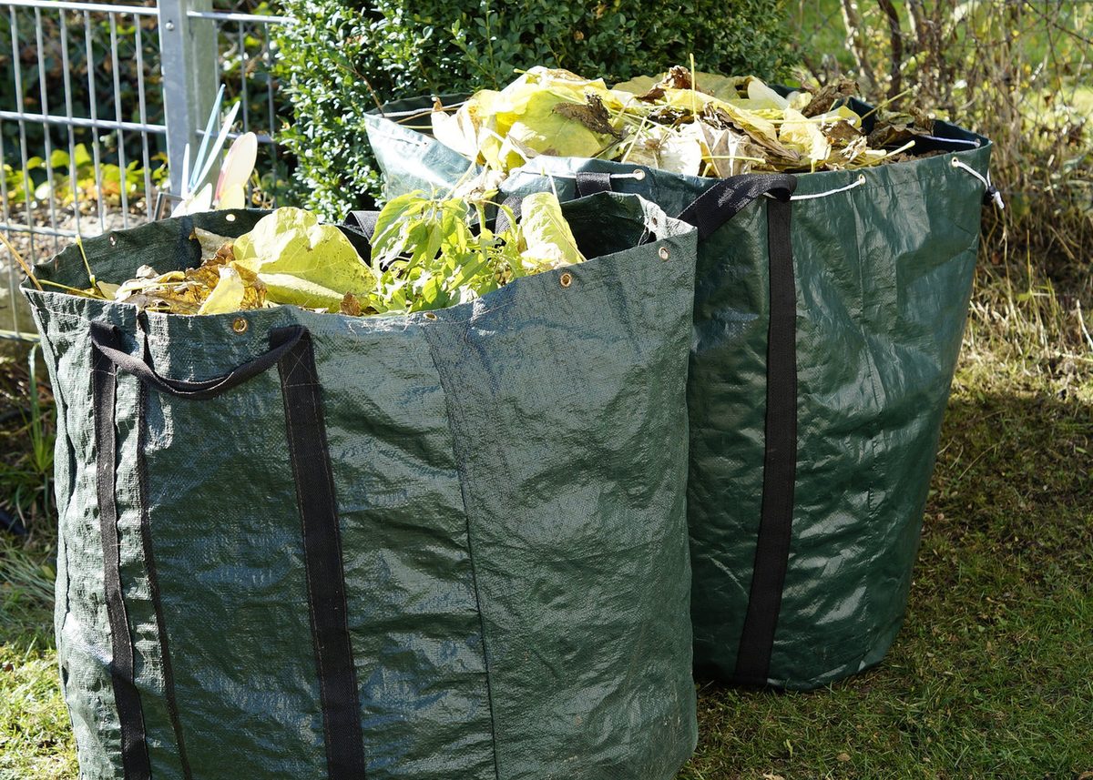 Bags of green garden waste ready for removal