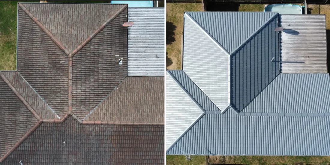 Before and after of a Brisbane roof restoration by Mahy Painter