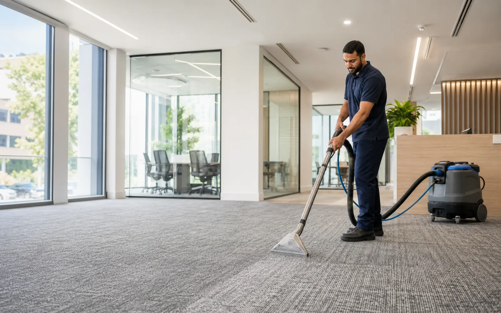 Commercial carpet cleaning in a bright office lobby