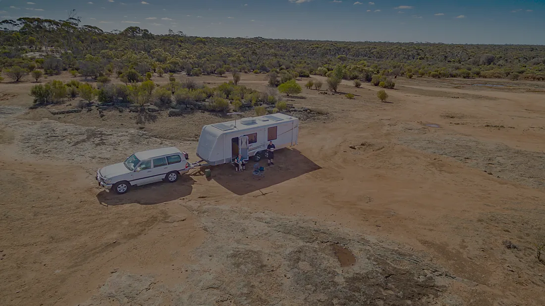 Aerial view of a remote off-grid property powered by solar and battery