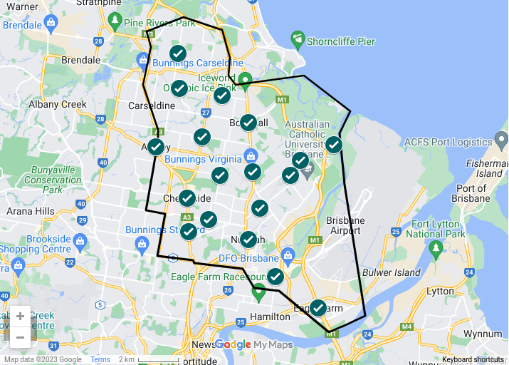 Map of the North Brisbane suburbs serviced by Northside Lawn Maintenance