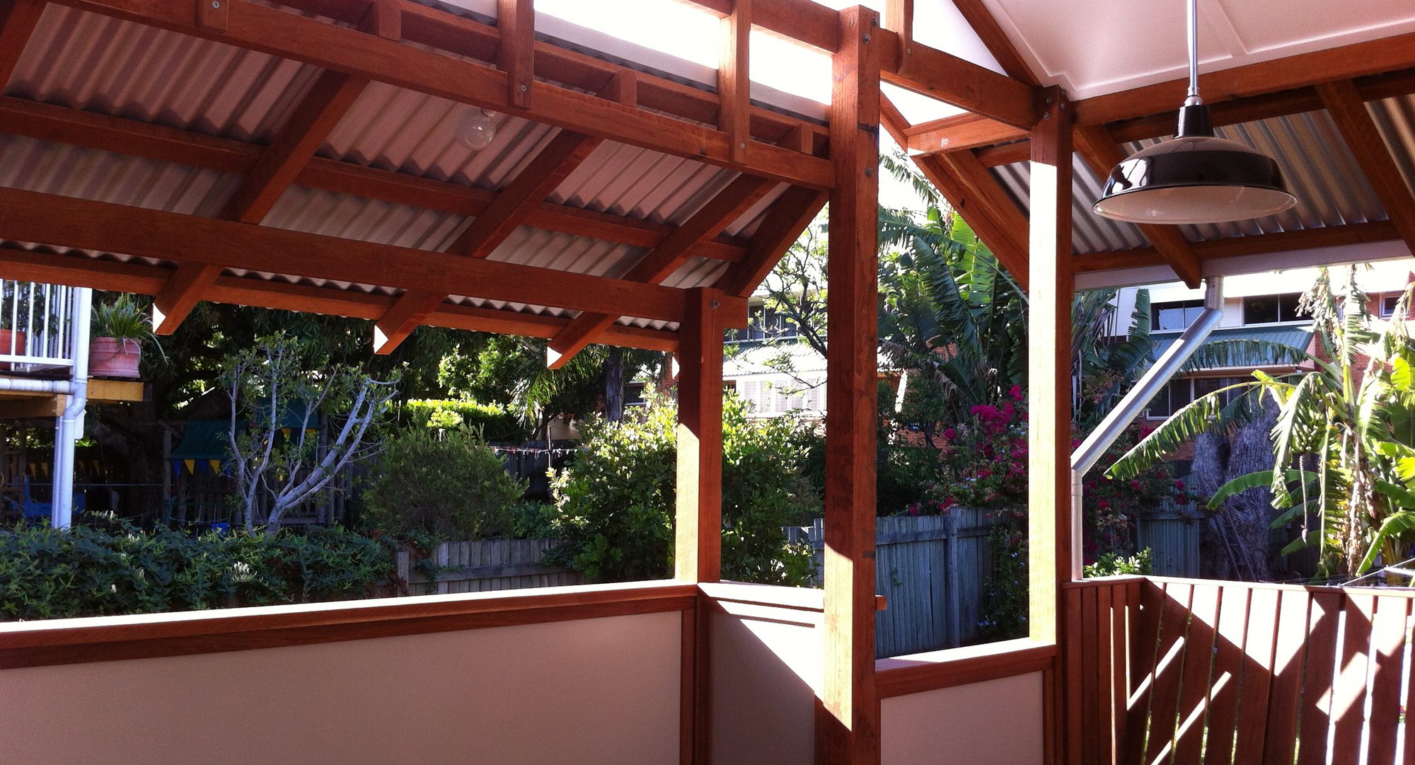 Architect-designed timber pergola built by OB Carpentry at a Windsor home in Brisbane