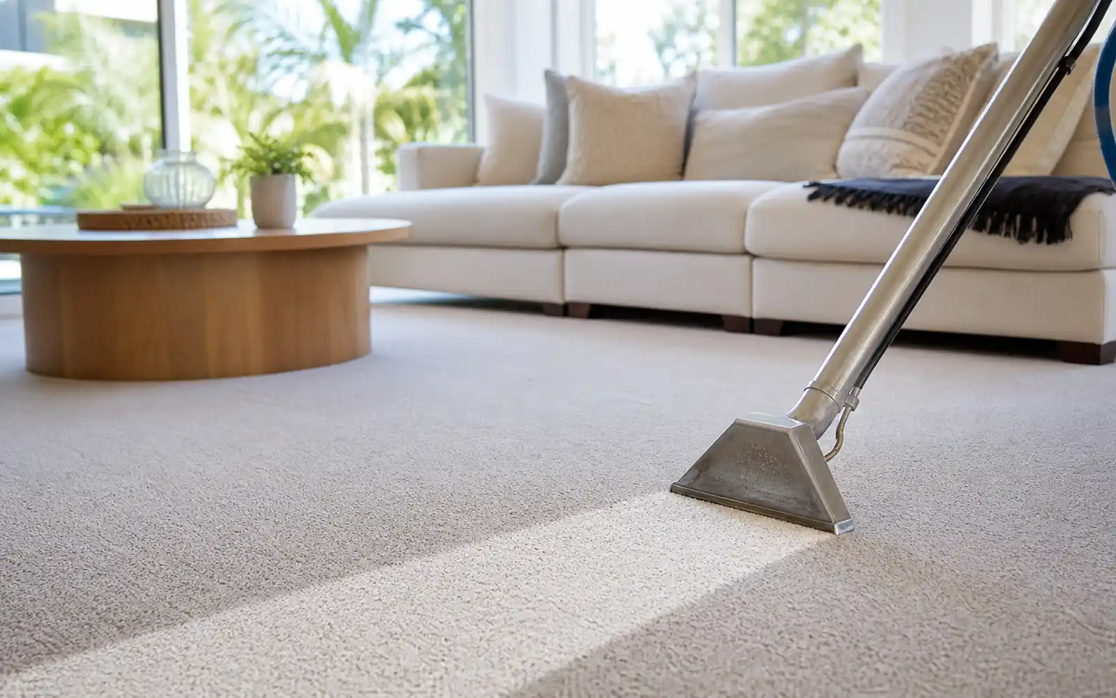 Professional carpet cleaning wand refreshing a light carpet