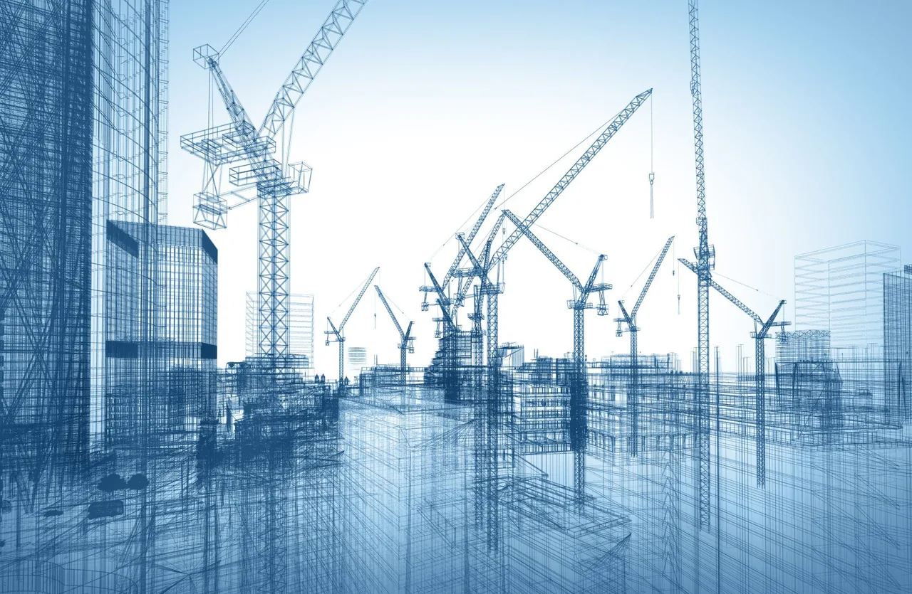 Blueprint-style visualisation of a construction site with cranes and building frameworks