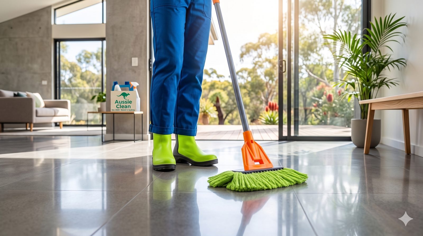 Professional cleaner mopping a bright modern home in Brisbane