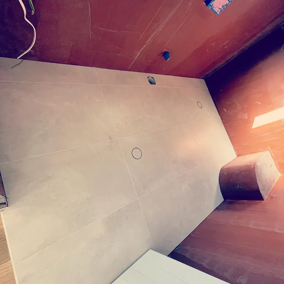 Large-format wall tiling in progress