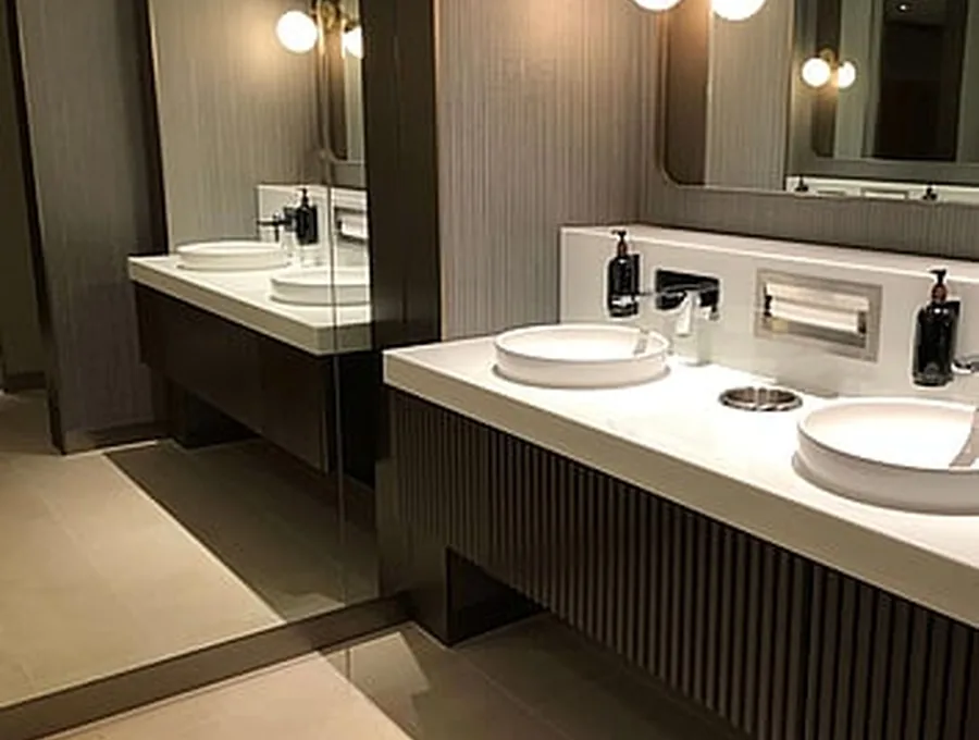 Compact powder room with vessel basin and feature tile splashback