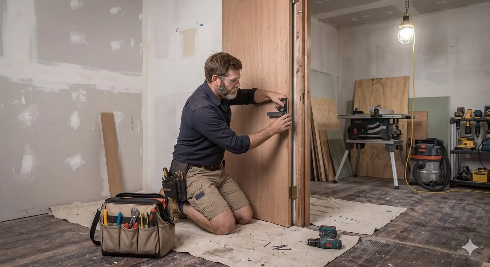 Home repair tools and timber work scene