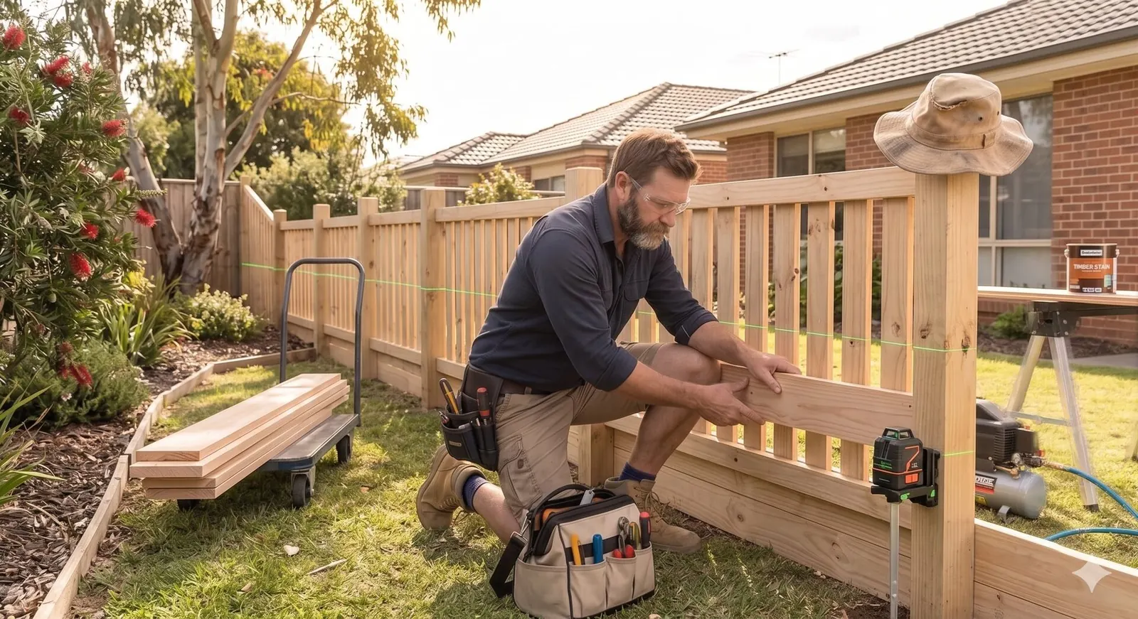 Timber maintenance and fence work scene