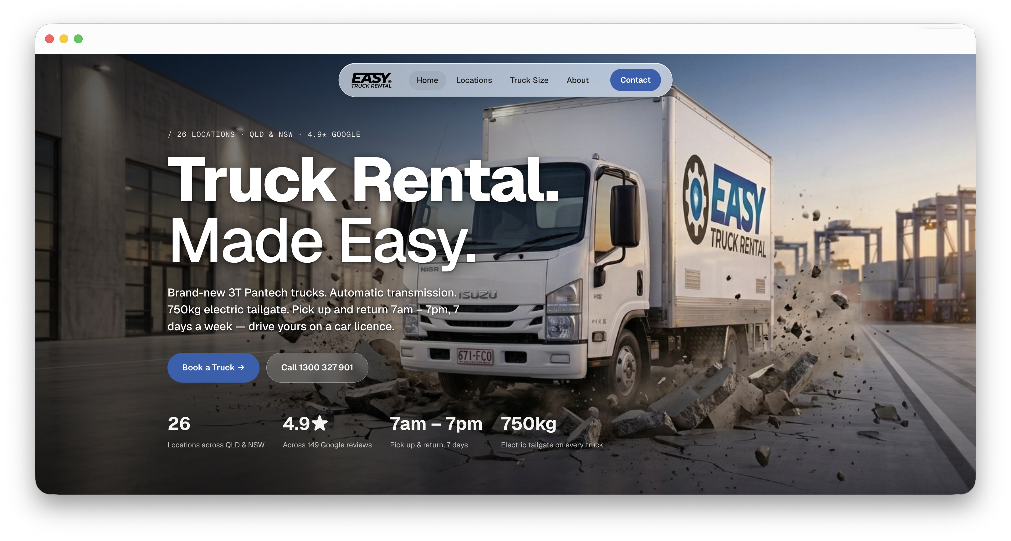 The refreshed Easy Truck Rental website — full-bleed hero image, huge editorial headline and clear call-to-action