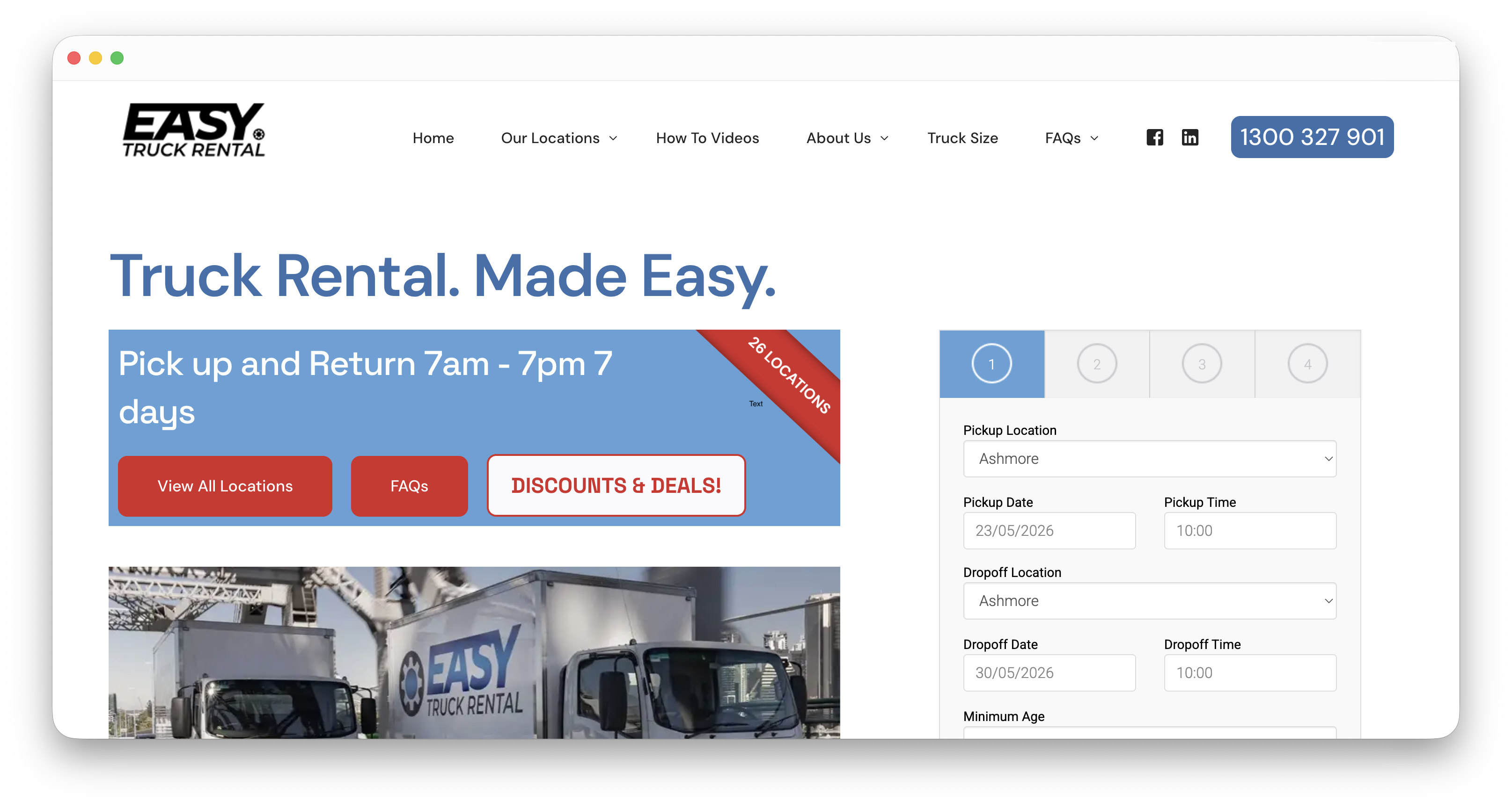 The original Easy Truck Rental website — cluttered banner, dated layout and small mismatched type