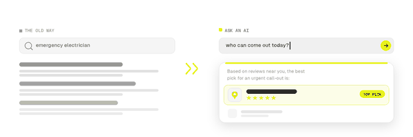 A faded list of old search links on the left giving way to a single AI answer on the right that names one local business as the top pick, with five stars
