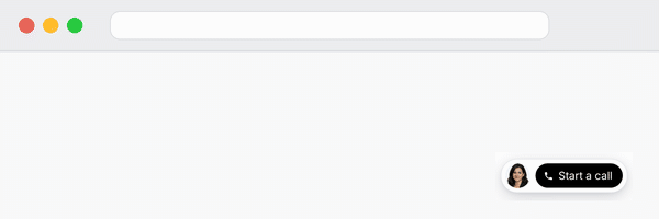 The Propeller call widget sitting on a website: a Start a call button that, when tapped, is answered straight away by an AI voice agent instead of going to voicemail