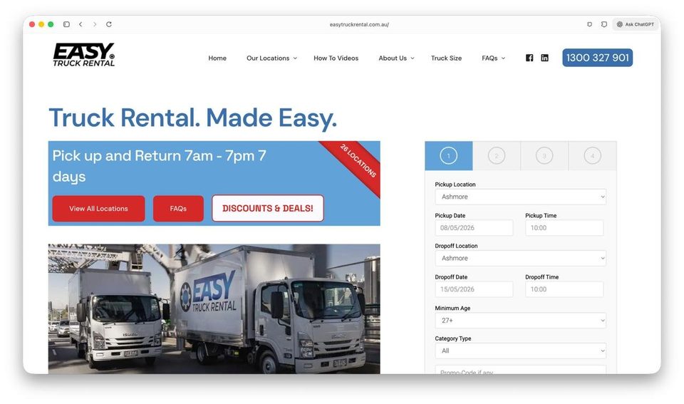 A typical small-business website with cluttered layout, dated styling, and competing call-to-action buttons