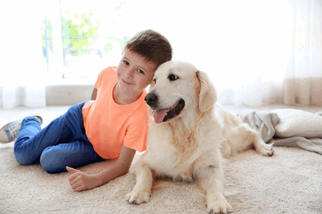 Child and dog in a freshly cleaned room