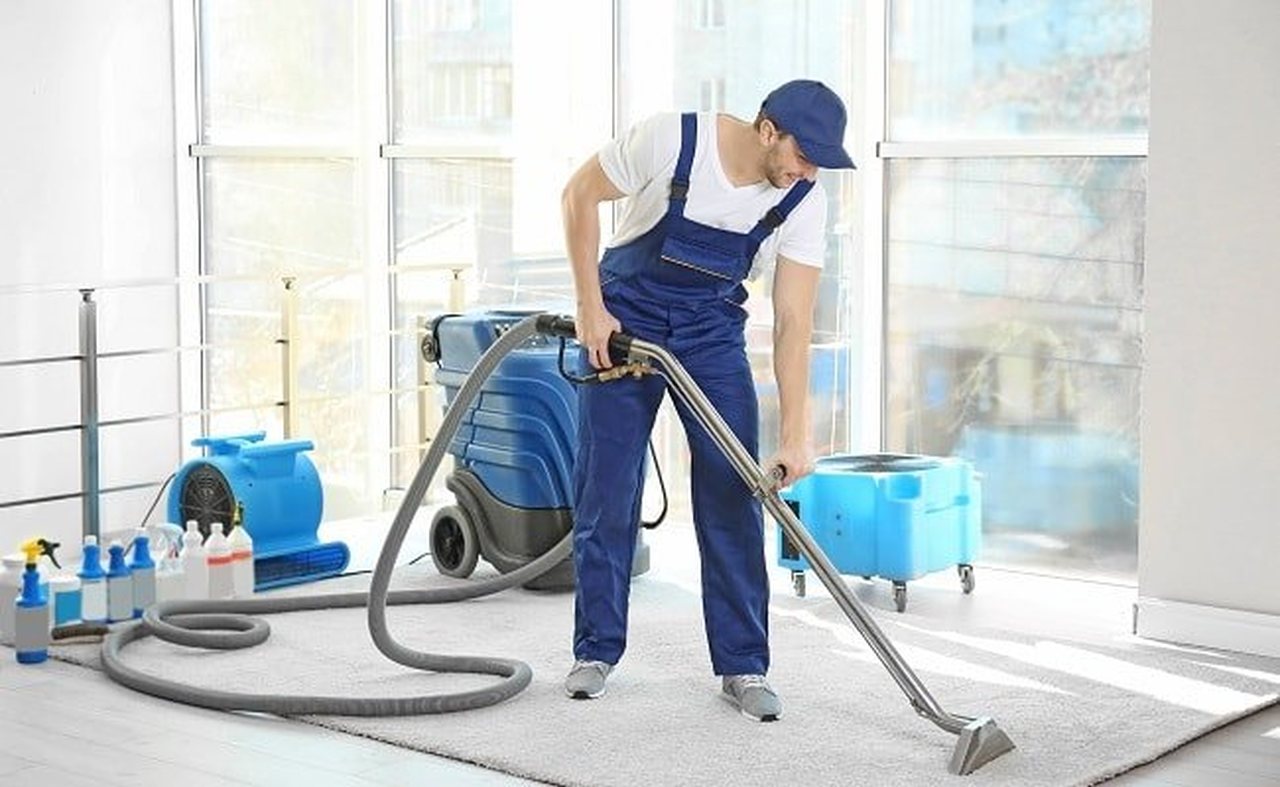 Professional carpet cleaner working in a Brisbane home