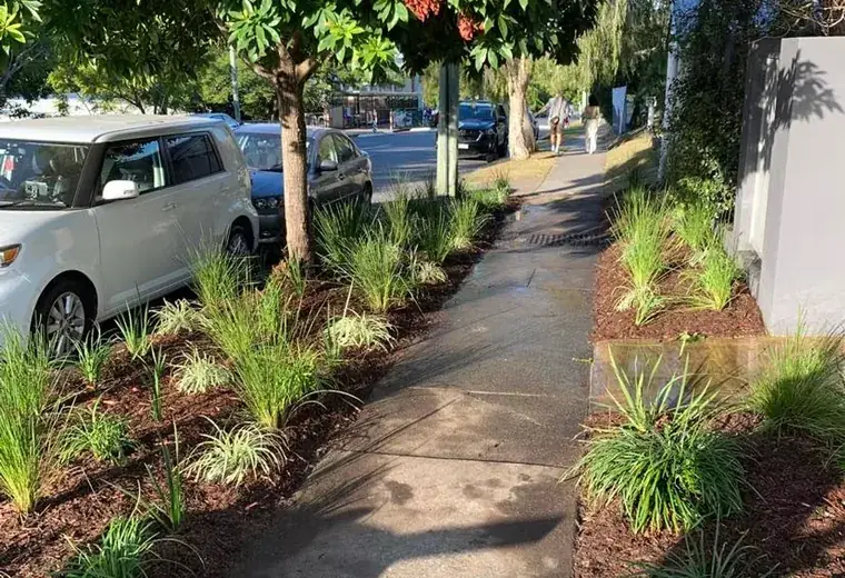 Newly planted and mulched garden bed along a driveway