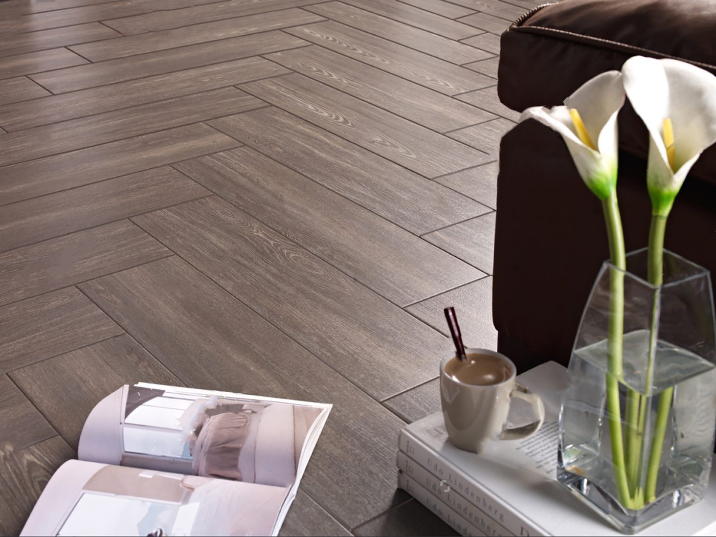 Timber-look tiled flooring through a living space