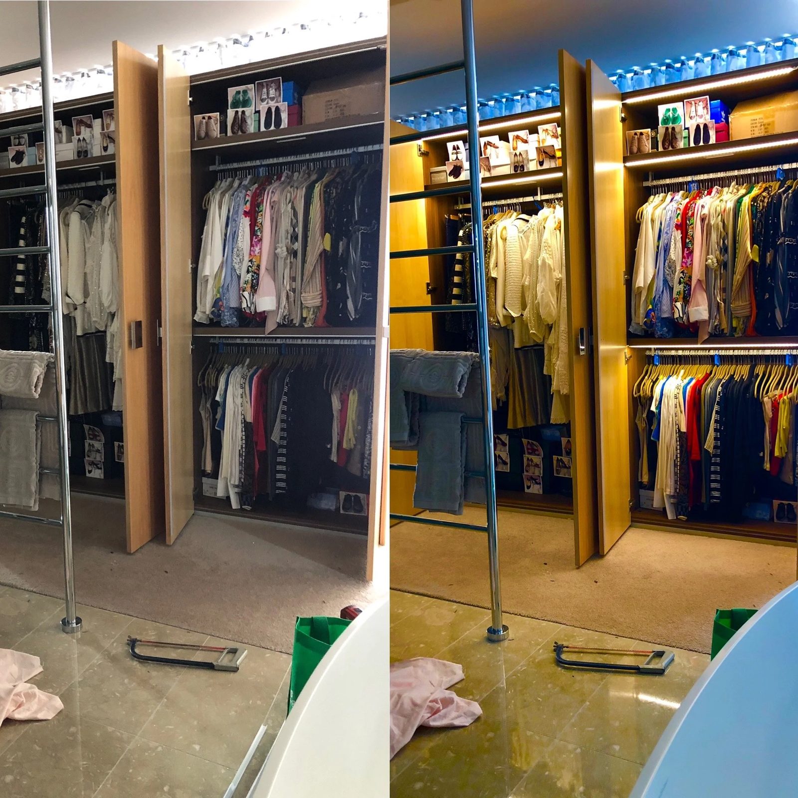 Before and after walk-in wardrobe lighting upgrade