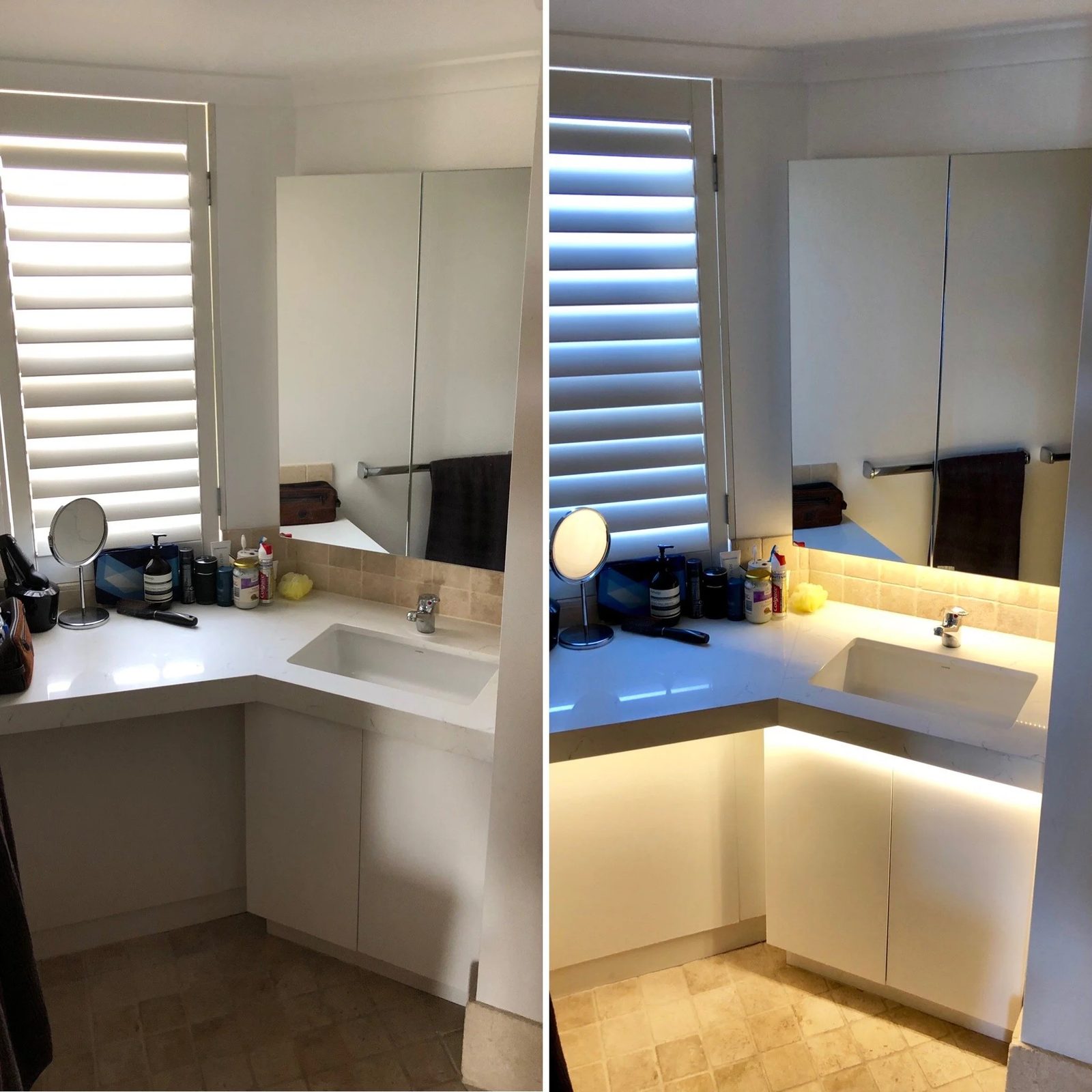 Before and after bathroom vanity LED lighting upgrade