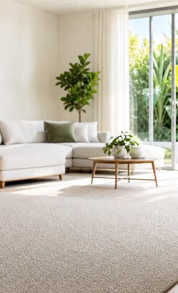 Freshly cleaned living room with carpet and plant-based cleaning supplies