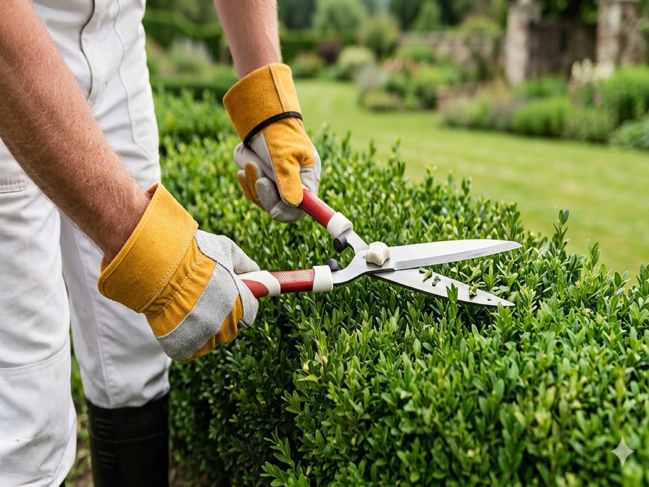 Gardener trimming a hedge with shears, lawn and garden care by The Upkeep Guys in The Gap, Brisbane