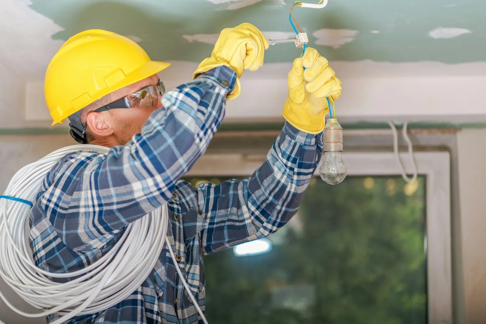 Electrician installing a light fitting
